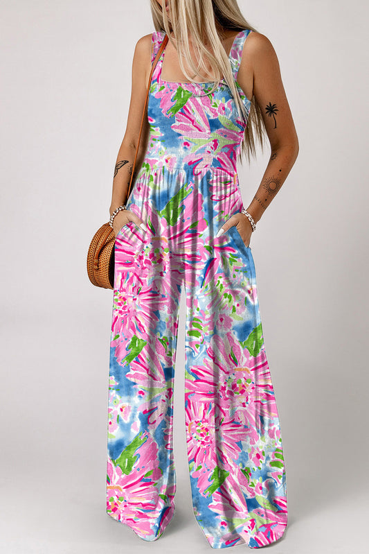 Abstract Pink Floral Wide Leg Romper